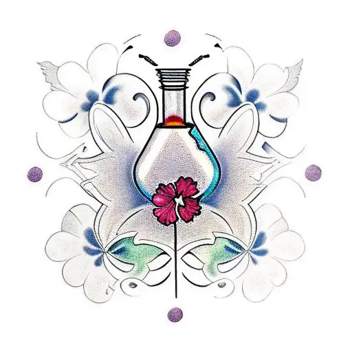 A tattoo of a laboratory flask filled with colorful hibiscus flowers and musical notes floating around it tattoo design idea