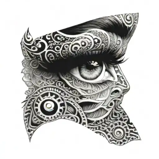 A surrealistic portrait of a woman's eyes with intricate patterns and designs tattoo design idea