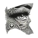 A surrealistic portrait of a woman's eyes with intricate patterns and designs tattoo design idea