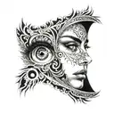 A surrealistic portrait of a woman's eyes with intricate patterns and designs tattoo design idea