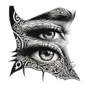 A surrealistic portrait of a woman's eyes with intricate patterns and designs tattoo design idea