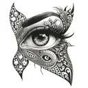 A surrealistic portrait of a woman's eyes with intricate patterns and designs tattoo design idea
