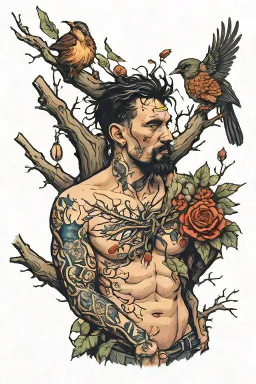 a man, sitting in a tree with a hole in his chest where a birds nest is located tattoo design idea