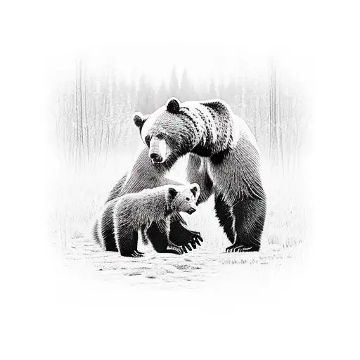 bear with 2 cubs. family oriented as a sleeve, forest background. tattoo design idea