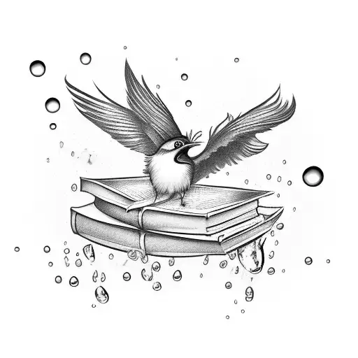 A majestic mockingbird perched on a stack of books, with water droplets falling from its feathers tattoo design idea