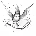 A playful dotwork tattoo featuring a mockingbird diving into a pool of water, with floating books scattered around tattoo design idea