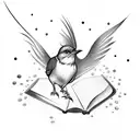 A playful dotwork tattoo featuring a mockingbird diving into a pool of water, with floating books scattered around tattoo design idea