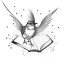 A playful dotwork tattoo featuring a mockingbird diving into a pool of water, with floating books scattered around tattoo design idea