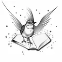 A playful dotwork tattoo featuring a mockingbird diving into a pool of water, with floating books scattered around tattoo design idea