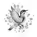 A playful dotwork tattoo featuring a mockingbird diving into a pool of water, with floating books scattered around tattoo design idea