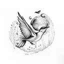 A playful dotwork tattoo featuring a mockingbird diving into a pool of water, with floating books scattered around tattoo design idea