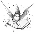 A playful dotwork tattoo featuring a mockingbird diving into a pool of water, with floating books scattered around tattoo design idea