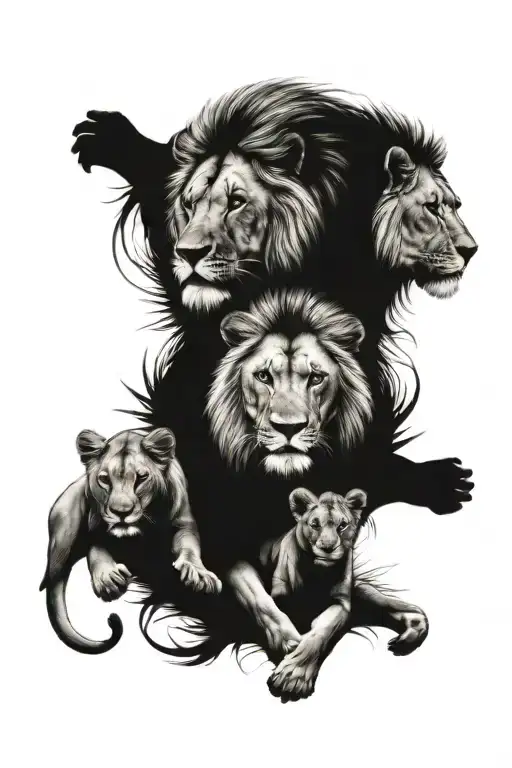 full sleeve make lion, lioness and 2 cubs in jungle theme tattoo design idea