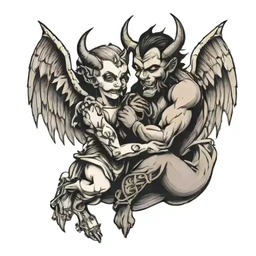 hugging angle and devil half angel tattoo design idea