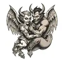 hugging angle and devil half angel tattoo design idea