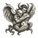 hugging angle and devil half angel tattoo design idea