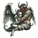 hugging angle and devil half angel tattoo design idea