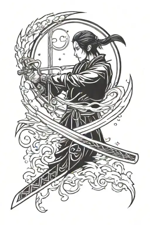 katana with fire and sun moon stars tattoo design idea