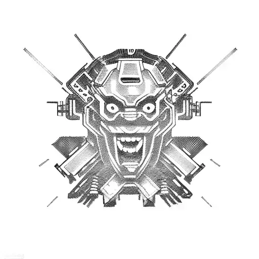 A cyberpunk-inspired Japanese oni mask with circuit board patterns tattoo design idea