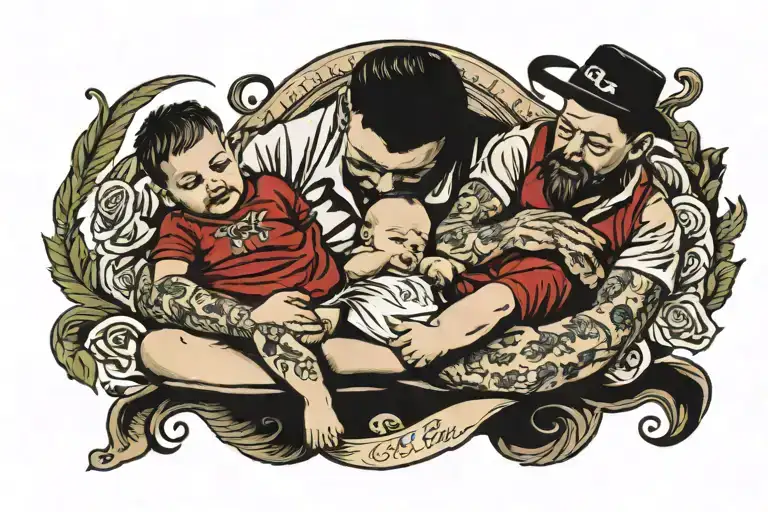 father and son with newborn feet and Corinthians tattoo design idea