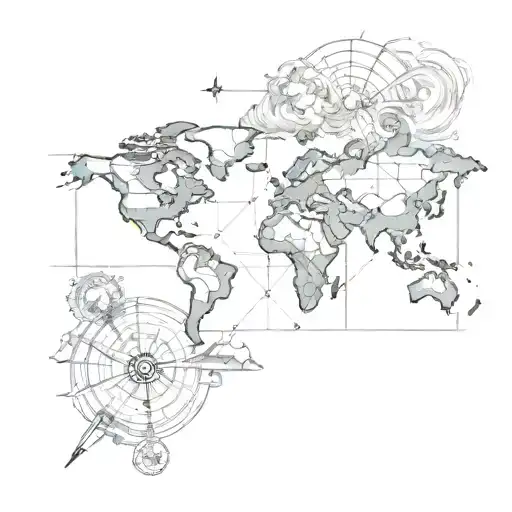 world map with compass, a cross, a plane flying overhead and a large sea wave tattoo design idea