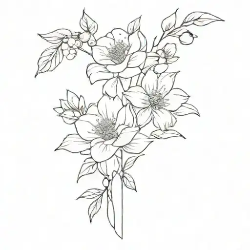 tied in a  bouquet of birth flowers of january, march, may, july and august tattoo design idea