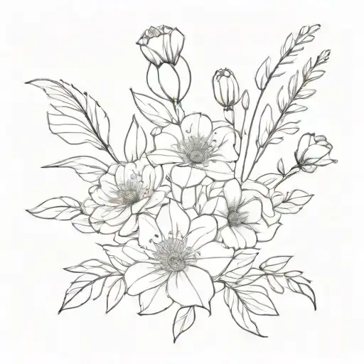 bouquet of birth flowers of january, march, may, july and august tattoo design idea