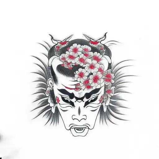 hannya with sakuras on upper part and something similar below tattoo design idea