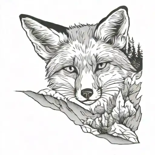 Fox in Mountain landscape black grey tattoo tattoo design idea
