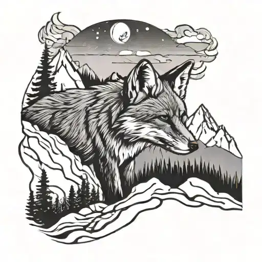 Fox in Mountain landscape black grey tattoo tattoo design idea