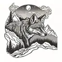 Fox in Mountain landscape black grey tattoo tattoo design idea