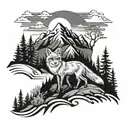 Fox in Mountain landscape black grey tattoo tattoo design idea