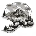 Fox in Mountain landscape black grey tattoo tattoo design idea