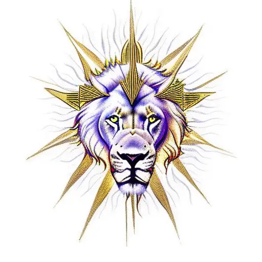 sun beams on cross with crown of thorns under lion tattoo design idea