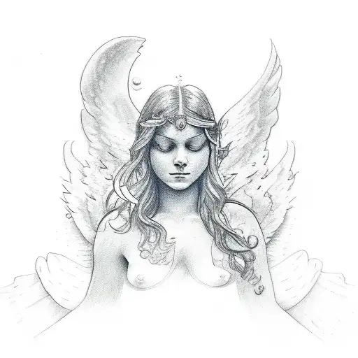 A sketch-style tattoo of a serene underwater landscape with a guardian angel overlooking tattoo design idea