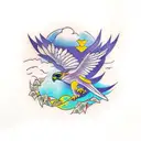 Create a traditional tattoo featuring a falcon soaring through a forest, representing the freedom and power of both nature and engineering tattoo design idea