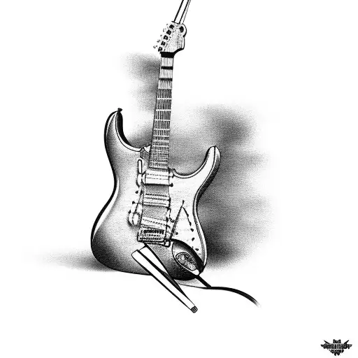 electric guitar with music notes and old school microphone tattoo design idea