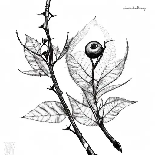 a blackthorn bush branch skinny long with 3 leaves  tattoo design idea