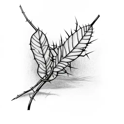 a thorn bush branch skinny long with 3 leaves  tattoo design idea