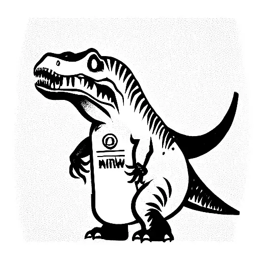 trex with a milk bottle with arms and legs doing backflip off the tail of the trex tattoo design idea
