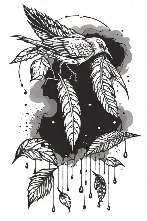 Raindrops gently fall, Feathers glisten in the storm, Bird sings through the wet  tattoo design idea