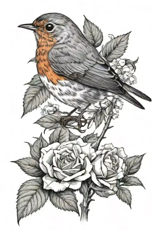 european robin perched on yorkshire rose  tattoo design idea