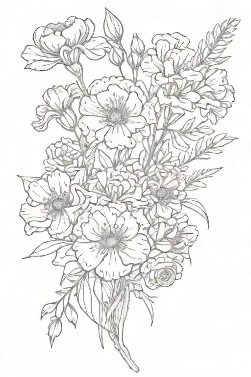carnations, snowdrops daisy sweet pea marigold cosmos  chrysanthemum and cosmos flowers crossed bouquet  tattoo design idea