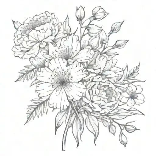 carnations, snowdrops daisy sweet pea marigold cosmos  chrysanthemum and cosmos flowers crossed bouquet  tattoo design idea