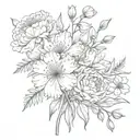 carnations, snowdrops daisy sweet pea marigold cosmos  chrysanthemum and cosmos flowers crossed bouquet  tattoo design idea