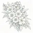 carnations, snowdrops daisy sweet pea marigold cosmos  chrysanthemum and cosmos flowers crossed bouquet  tattoo design idea