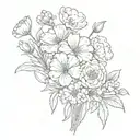 carnations, snowdrops daisy sweet pea marigold cosmos  chrysanthemum and cosmos flowers crossed bouquet  tattoo design idea