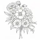 carnations, snowdrops daisy sweet pea marigold cosmos  chrysanthemum and cosmos flowers crossed bouquet  tattoo design idea