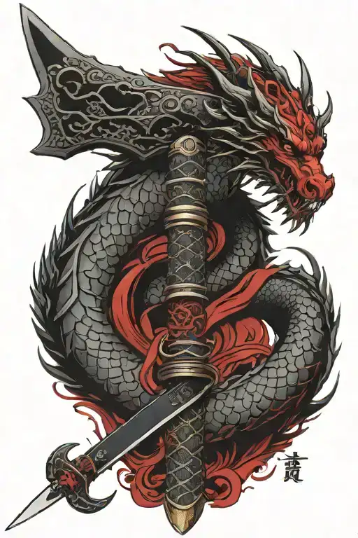Black and red dragon sleeve wrapped around a samurai sword that goes from the shoulder down to wrist with shading  tattoo design idea