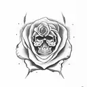 Skull with a bullet hole in the forehead a rose comes out of the bullet hole in the background are cannabis leaves and a tattoo design idea